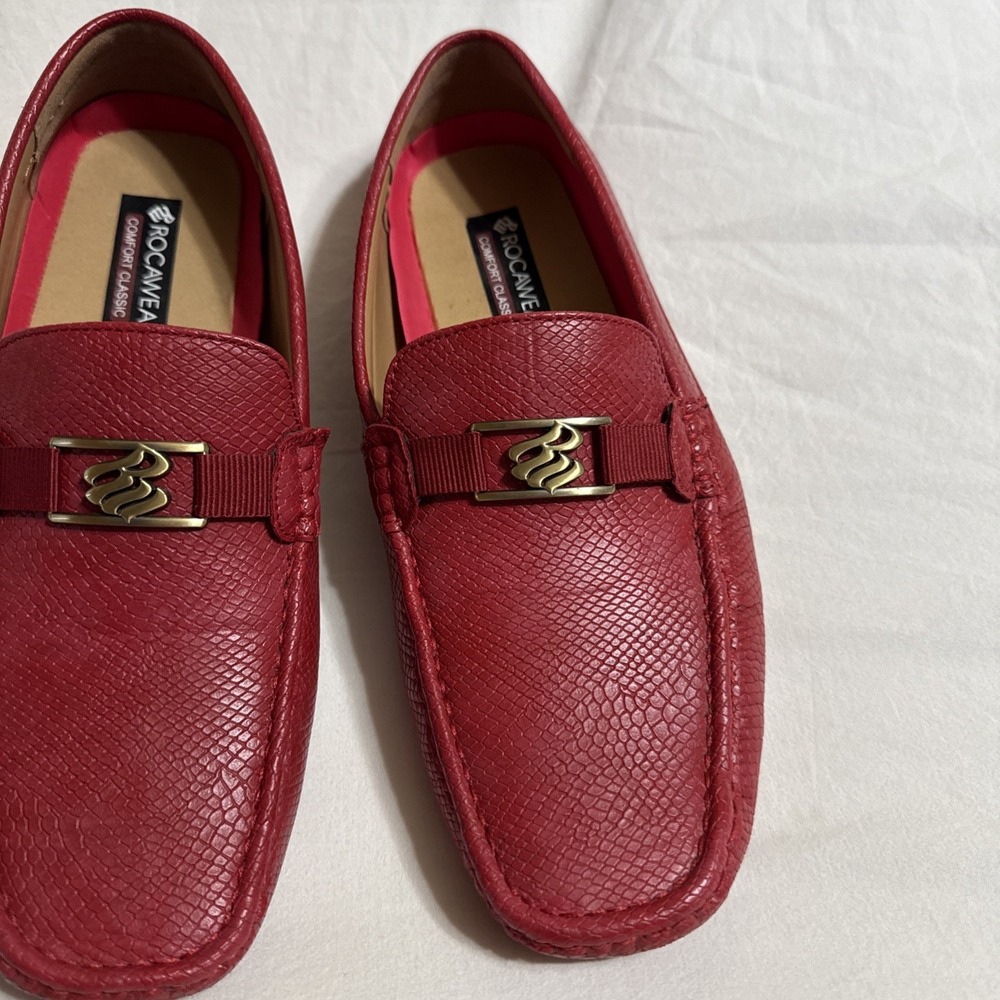 Rocawear Men's Red Faux Python Skin Driving Loafers Gold Buckle Size 10
